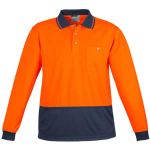 A long sleeve polo shirt in bright orange and navy, featuring a pocket and a logo. Ideal for workwear.