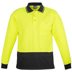 Hi-vis long sleeve polo shirt in bright yellow with a black bottom and a chest pocket. Features a logo on the front.