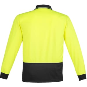 A unisex long sleeve polo in bright yellow with black detailing and a logo on the chest.