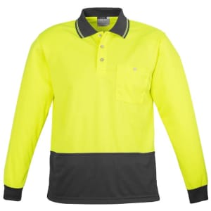 A unisex hi-vis long sleeve polo in bright yellow with a dark grey bottom and a pocket. It features a collar and buttons.