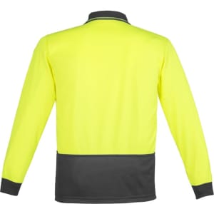A unisex long sleeve polo shirt in high visibility yellow with black accents. Features a collar and branding.