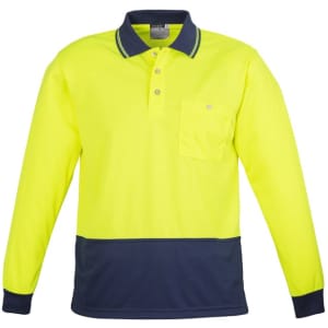 A bright yellow unisex long sleeve polo shirt with a navy blue bottom and a chest pocket, featuring a branded logo.