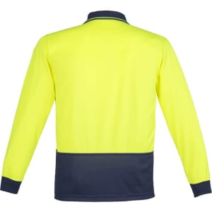 A long sleeve polo shirt in hi-vis yellow with a navy blue bottom trim and collar, featuring a logo.