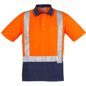 Hi-vis spliced short sleeve polo in orange and navy, featuring shoulder tape and a pocket. Includes a logo.