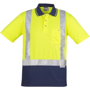 A bright yellow hi-vis polo shirt with navy blue highlights and reflective tape across the front and shoulders.