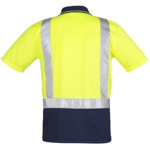 A bright yellow and navy men's polo shirt with reflective shoulder tape for visibility. Features a logo on the front.