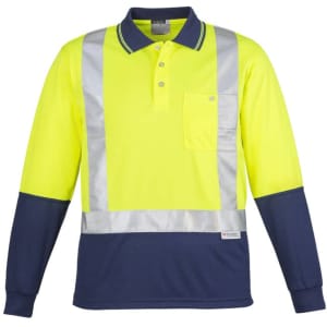 A long-sleeve polo shirt featuring hi-vis yellow and navy colours, with shoulder taping and a pocket. The shirt has a logo.