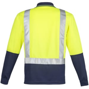 A long sleeve polo shirt featuring high visibility yellow fabric with navy blue sections and reflective tape.