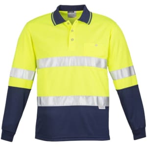 A long sleeve polo shirt featuring high visibility yellow with navy accents and reflective hoop tape. It includes a logo.