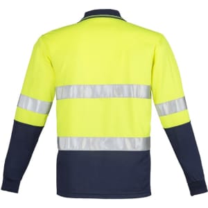 A long sleeve polo shirt in high visibility yellow and navy, featuring reflective hoop tape and a branding logo.