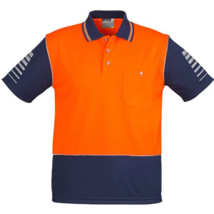 A high visibility short sleeve polo in orange and navy, featuring a pocket and striped detailing on the sleeves.