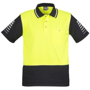A short sleeve polo shirt in hi-vis yellow with black detailing and reflective stripes. It features a pocket and logo.