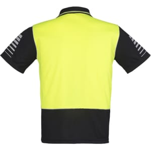 A short-sleeve polo shirt in high visibility yellow and black, featuring reflective stripes and a logo.