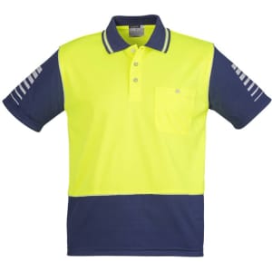 A high-visibility short sleeve polo shirt in yellow and navy blue, featuring a pocket and a logo on the chest.