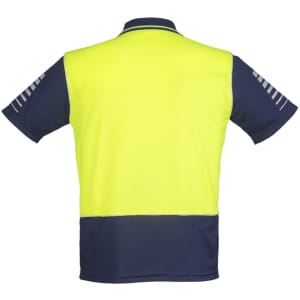 A high visibility short sleeve polo shirt in fluorescent yellow and navy blue with a logo on the front.