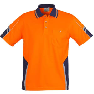 A short sleeve polo shirt in bright orange with navy accents and a logo. Features reflective detailing and a chest pocket.