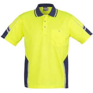 A high-visibility short sleeve polo shirt in bright yellow with navy accents and a pocket. Features a logo.