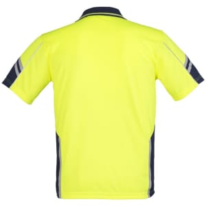 A short sleeve polo shirt in bright yellow with navy accents and reflective strips. It features a branding logo.