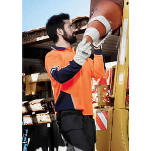 A long sleeve polo in high visibility orange and navy, featuring a logo, worn by a person handling safety equipment.