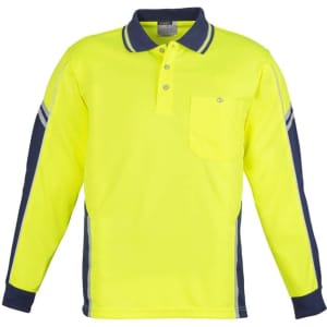 A long sleeve polo in bright yellow and navy, featuring a collar, a pocket, and logo branding.