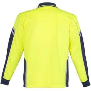A long-sleeve polo in hi-vis yellow with navy accents and reflective detailing. Includes a logo on the front.