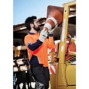 Men’s long sleeve polo in high visibility orange and navy, featuring a logo, worn by a worker holding a traffic cone.