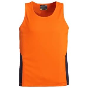 An orange men's singlet with navy side panels, featuring a logo on the neckline. Suitable for workwear.