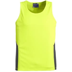 A bright yellow men's hi-vis singlet with grey side panels and a logo on the collar.