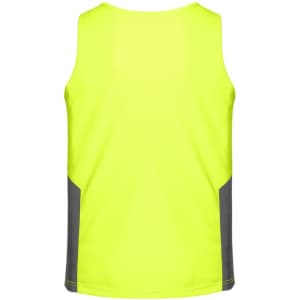 A bright yellow men's hi-vis singlet with grey side panels and a logo. Suitable for workwear.