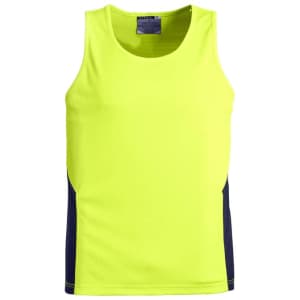 A bright yellow hi-vis singlet featuring navy side panels and a logo. Ideal for workwear.