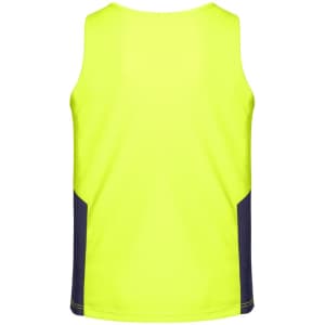 A high visibility sleeveless singlet in bright yellow with navy side panels. Features branding on the fabric.