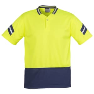 A high-visibility yellow short sleeve polo shirt with navy accents and stripes. It features a logo on the chest.