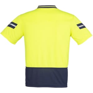 A high-visibility short sleeve polo shirt in bright yellow with navy accents and striped detailing on the sleeves.