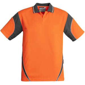 A short sleeve polo shirt in bright orange with black accents and a logo. Suitable for workwear applications.