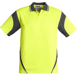 A bright yellow short sleeve polo shirt with grey accents and a logo. Suitable for workwear settings.