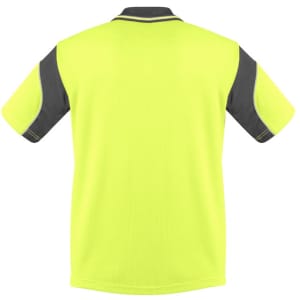 A high visibility short sleeve polo shirt in bright yellow with grey accents and a branded logo.