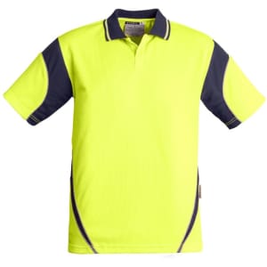 A bright yellow and navy short sleeve polo shirt with a logo on the chest.