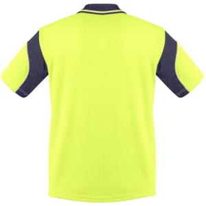 A short sleeve polo shirt in high visibility yellow with navy blue accents and a logo on the chest.