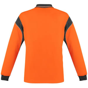 An orange long sleeve polo shirt featuring grey accents and a logo on the chest.