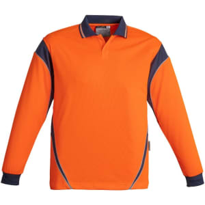 A long sleeve polo in vibrant orange with navy blue accents and a branding logo. Suitable for workwear use.