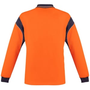 A long sleeve polo shirt in bright orange and navy, featuring a collar and arm detailing. It includes a logo.
