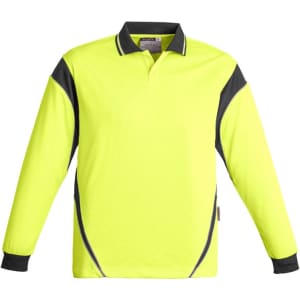 A long sleeve polo shirt in bright yellow with black accents and a logo on the chest. Suitable for workwear.