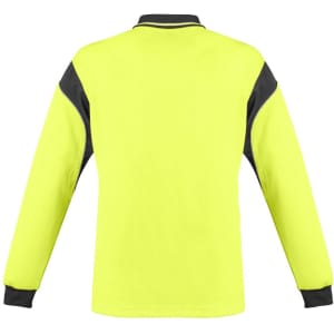 A long sleeve polo in hi-vis yellow with black accents and a collar. It features a logo on the front.