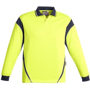 A long sleeve polo shirt in high visibility yellow with navy blue accents and a logo on the chest.