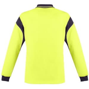 A long sleeve polo shirt in high visibility yellow with navy blue accents and a logo on the chest.