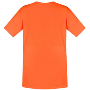 An orange hi-vis work t-shirt featuring short sleeves and a plain back. It includes branding elements.
