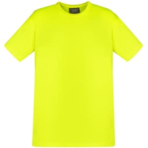 A men's high visibility t-shirt in bright yellow, featuring a logo on the label. Ideal for workwear.