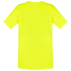 A bright yellow men's hi-vis T-shirt with short sleeves and a plain back. Features a logo.