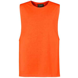 A sleeveless tee in bright orange with a logo, designed for workwear use.