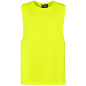 A bright yellow sleeveless tee with a rounded neckline and a logo on the label. Suitable for workwear.